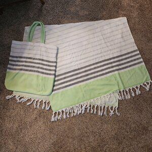 Green Gray and White Striped Beach Towel and Tote Bag Set Turkish T Cotton